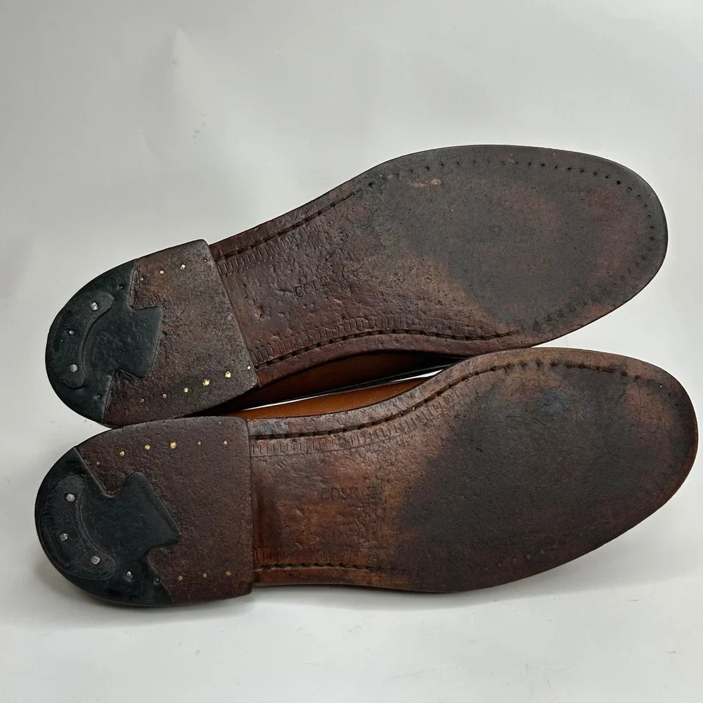 VTG Cole Haan Mens Made in USA Brown Leather Tassel Kiltie Loafers Green Trim 10